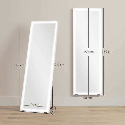 HOMCOM Espelho de Corpo Inteiro com Luzes 150x50 cm, Sem Moldura 3 Temperaturas de Cor Brilho Ajustável Independente de Pé ou Parede para Quarto Transparente