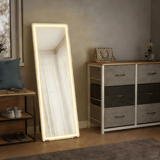 HOMCOM Espelho de Corpo Inteiro com Luzes 150x50 cm, Sem Moldura 3 Temperaturas de Cor Brilho Ajustável Independente de Pé ou Parede para Quarto Transparente