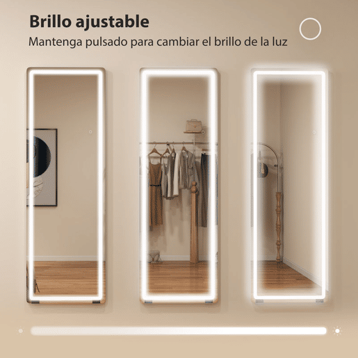 HOMCOM Espelho de Corpo Inteiro com Luzes 150x50 cm, Sem Moldura 3 Temperaturas de Cor Brilho Ajustável Independente de Pé ou Parede para Quarto Transparente