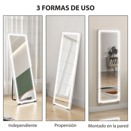 HOMCOM Espelho de Corpo Inteiro com Luzes 150x50 cm, Sem Moldura 3 Temperaturas de Cor Brilho Ajustável Independente de Pé ou Parede para Quarto Transparente
