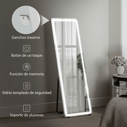 HOMCOM Espelho de Corpo Inteiro com Luzes 150x50 cm, Sem Moldura 3 Temperaturas de Cor Brilho Ajustável Independente de Pé ou Parede para Quarto Transparente