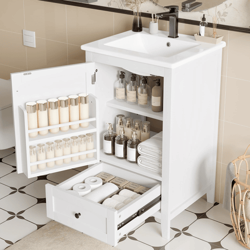 Armário de casa de banho com pés 51x46x85 cm - Com lavatório, prateleira ajustável, gaveta silenciosa - Branco