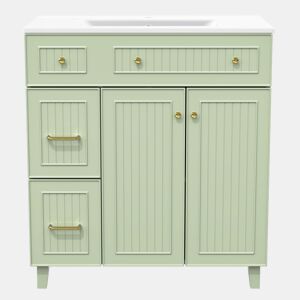 Móvel de casa de banho 81,7 cm - Lavatório cerâmico, arrumação multifuncional, pés em madeira, design moderno - Verde