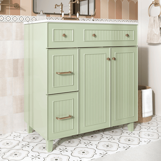 Móvel de casa de banho 81,7 cm - Lavatório cerâmico, arrumação multifuncional, pés em madeira, design moderno - Verde Móvel de casa de banho 81,7 cm - Lavatório cerâmico, arrumação multifuncional, pés em madeira, design moderno - Verde