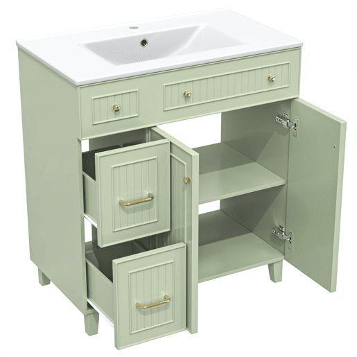 Móvel de casa de banho 81,7 cm - Lavatório cerâmico, arrumação multifuncional, pés em madeira, design moderno - Verde Móvel de casa de banho 81,7 cm - Lavatório cerâmico, arrumação multifuncional, pés em madeira, design moderno - Verde