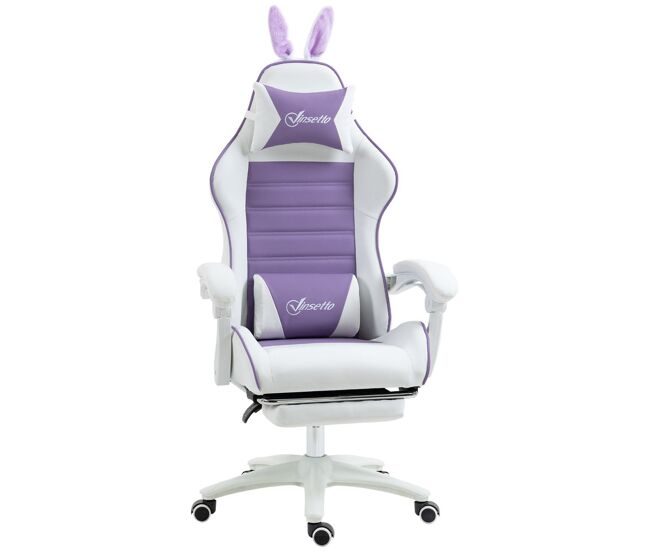 Vinsetto silla gaming ergonómica reclinable 135°, silla gamer racing de cuero pu con soporte lumbar, altura ajustable, orejas conejo, reposacabezas, reposapiés retráctil para oficina, estudio, púrpura