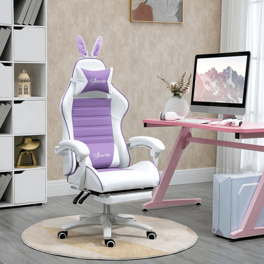 Vinsetto Cadeira Gaming Profissional Cadeira Gamer Giratória de Couro PU com Altura Ajustável Inclinável 135° Apoio para a Cabeça e Apoio para os Pés para Escritório 65x63x136-142 cm Branco e Roxo