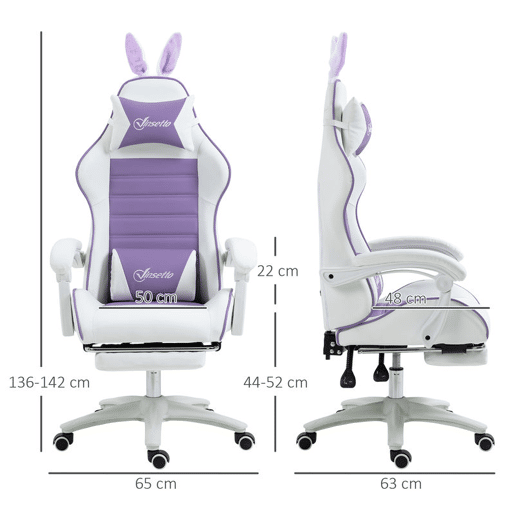 Vinsetto Cadeira Gaming Profissional Cadeira Gamer Giratória de Couro PU com Altura Ajustável Inclinável 135° Apoio para a Cabeça e Apoio para os Pés para Escritório 65x63x136-142 cm Branco e Roxo