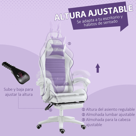 Vinsetto Cadeira Gaming Profissional Cadeira Gamer Giratória de Couro PU com Altura Ajustável Inclinável 135° Apoio para a Cabeça e Apoio para os Pés para Escritório 65x63x136-142 cm Branco e Roxo