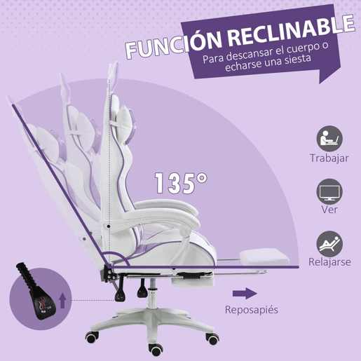Vinsetto Cadeira Gaming Profissional Cadeira Gamer Giratória de Couro PU com Altura Ajustável Inclinável 135° Apoio para a Cabeça e Apoio para os Pés para Escritório 65x63x136-142 cm Branco e Roxo