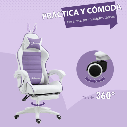 Vinsetto Cadeira Gaming Profissional Cadeira Gamer Giratória de Couro PU com Altura Ajustável Inclinável 135° Apoio para a Cabeça e Apoio para os Pés para Escritório 65x63x136-142 cm Branco e Roxo