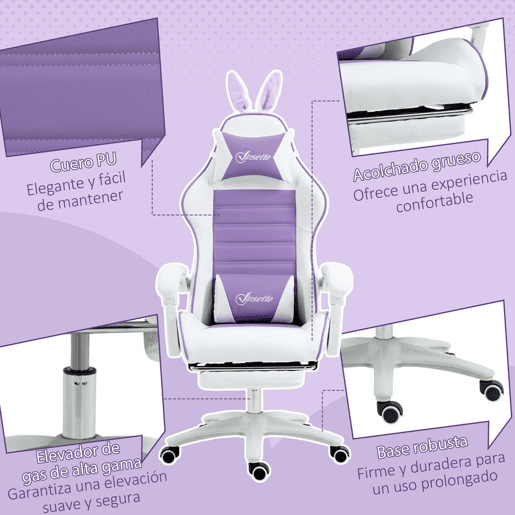 Vinsetto Cadeira Gaming Profissional Cadeira Gamer Giratória de Couro PU com Altura Ajustável Inclinável 135° Apoio para a Cabeça e Apoio para os Pés para Escritório 65x63x136-142 cm Branco e Roxo