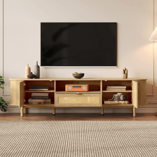 Móvel de TV - Design moderno - Com gavetas de rattan, prateleiras abertas e pés metálicos com acabamento em madeira - Natural