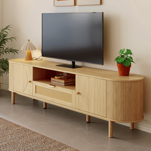 Móvel de TV - Design moderno - Com gavetas de rattan, prateleiras abertas e pés metálicos com acabamento em madeira - Natural