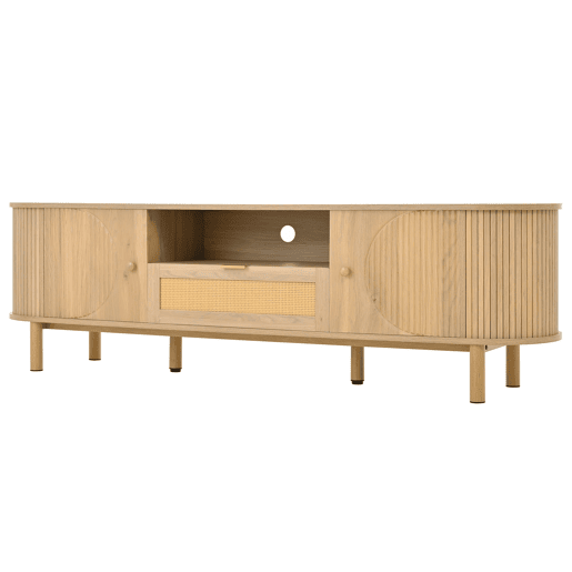 Móvel de TV - Design moderno - Com gavetas de rattan, prateleiras abertas e pés metálicos com acabamento em madeira - Natural