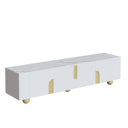 Móvel de TV 180 cm - 4 portas, design elegante, superfície com efeito mármore, pés esféricos de madeira - Branco, Madeira