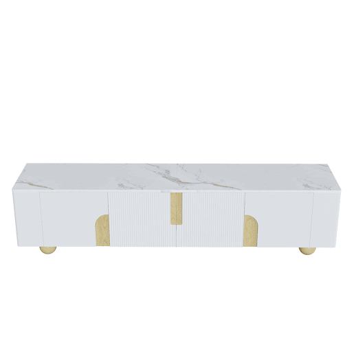 Móvel de TV 180 cm - 4 portas, design elegante, superfície com efeito mármore, pés esféricos de madeira - Branco, Madeira