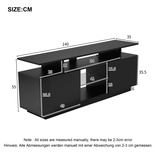Móvel para TV 140 cm - Iluminação LED 16 cores, painel brilhante, compartimento de vidro - Preto