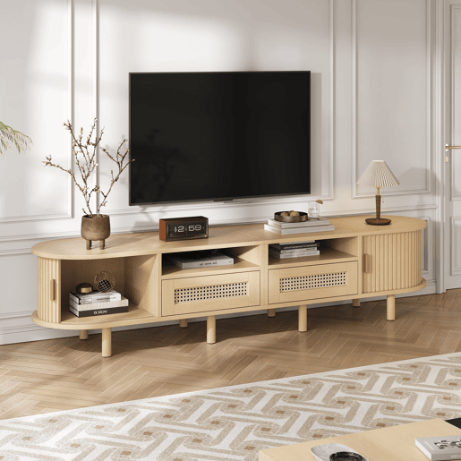 Móvel de TV ovalado 170x40x40 cm - 2 gavetas com design em rattan, 2 portas de correr - Cor carvalho claro