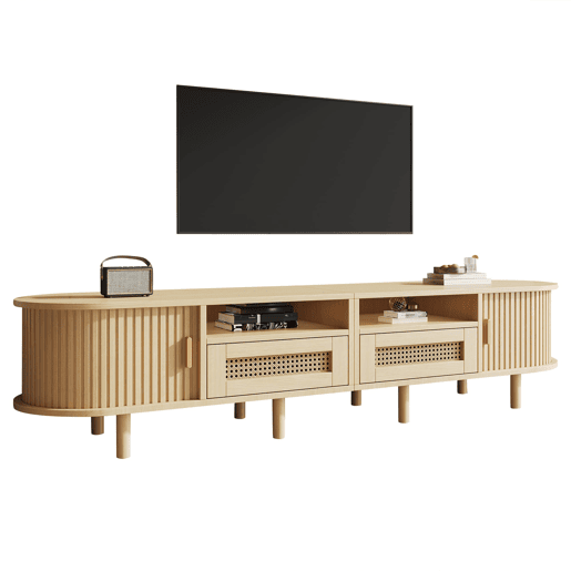 Móvel de TV ovalado 170x40x40 cm - 2 gavetas com design em rattan, 2 portas de correr - Cor carvalho claro