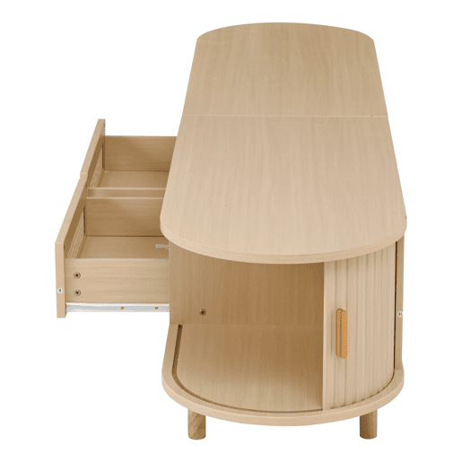 Móvel de TV ovalado 170x40x40 cm - 2 gavetas com design em rattan, 2 portas de correr - Cor carvalho claro