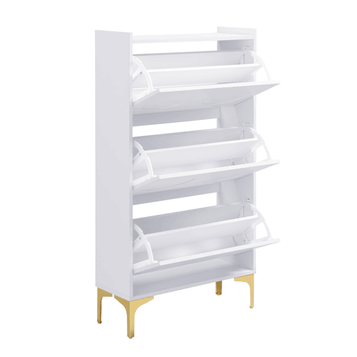 Sapateira com 3 níveis - amplo espaço de arrumação, pés metálicos, design moderno e luminoso - Branco