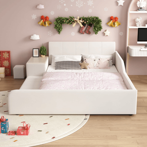 Cama individual estofada 140x200 - Com secretária, banco e cabeceira macia - Branco