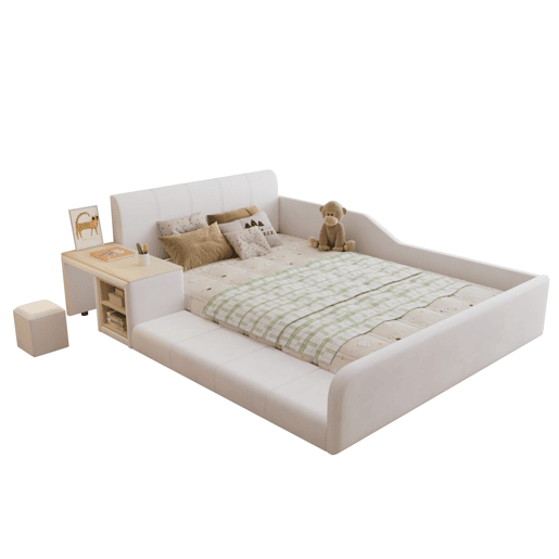Cama individual estofada 140x200 - Com secretária, banco e cabeceira macia - Branco