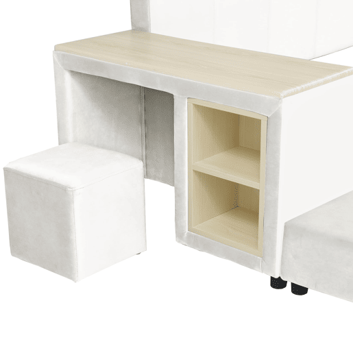 Cama individual estofada 140x200 - Com secretária, banco e cabeceira macia - Branco