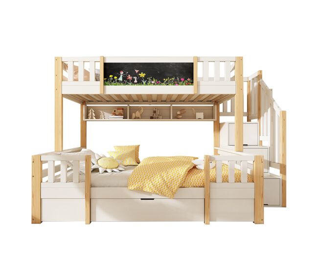 Litera infantil de madera maciza 140x200(90x200) cm,blanco+natural
