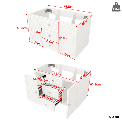 Móvel de casa de banho suspenso 78,5 x 46 x 46,8 cm - 3 gavetas, muito espaço de arrumação - Branco Móvel de casa de banho suspenso 78,5 x 46 x 46,8 cm - 3 gavetas, muito espaço de arrumação - Branco
