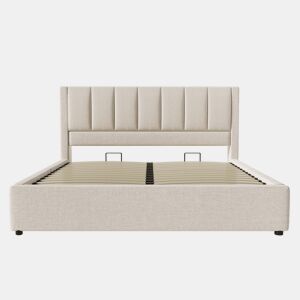 Cama estofada 180x200 cm - Cama de casal com suporte oculto para chávenas e estação de carregamento - Bege