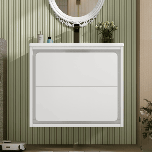 Móvel de casa de banho suspenso 60x46x50 cm - LED, sensor de radar, duas gavetas, branco