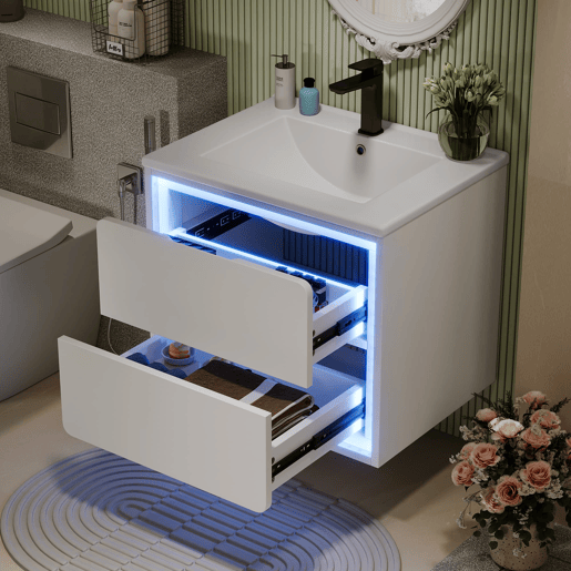 Móvel de casa de banho suspenso 60x46x50 cm - LED, sensor de radar, duas gavetas, branco