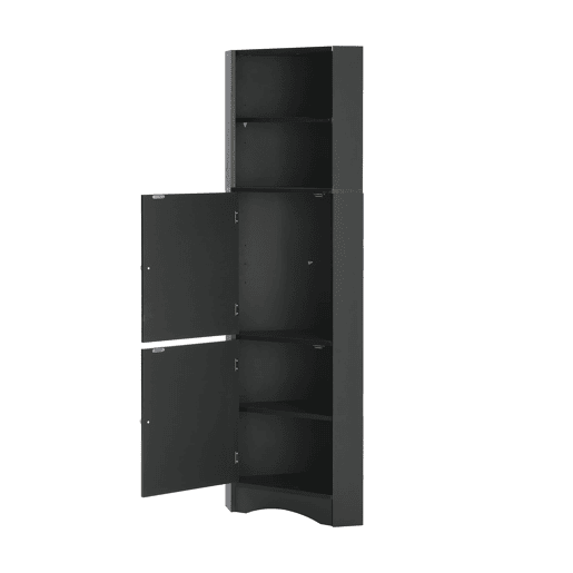 Armário de casa de banho de canto 36,5 x 36,5 x 155 cm - 2 prateleiras, compartimento aberto, ajustável - preto