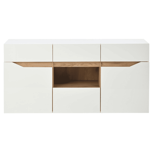 Móvel de sala 140 x 40 x 70 cm - Aparador com 4 gavetas, 2 compartimentos, sem puxadores, com LED - Branco e madeira Móvel de sala 140 x 40 x 70 cm - Aparador com 4 gavetas, 2 compartimentos, sem puxadores, com LED - Branco e madeira