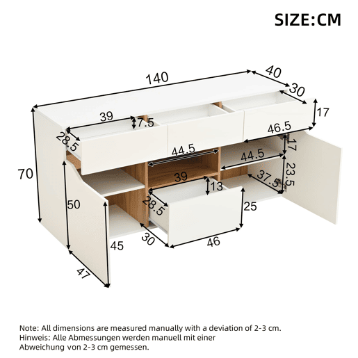 Móvel de sala 140 x 40 x 70 cm - Aparador com 4 gavetas, 2 compartimentos, sem puxadores, com LED - Branco e madeira Móvel de sala 140 x 40 x 70 cm - Aparador com 4 gavetas, 2 compartimentos, sem puxadores, com LED - Branco e madeira