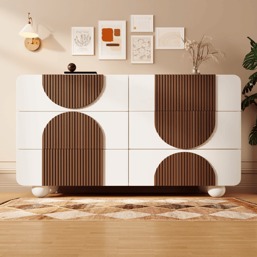 Cômoda 121x71x41 cm - 6 gavetas, design curvo, tiras de madeira chocolate, branco