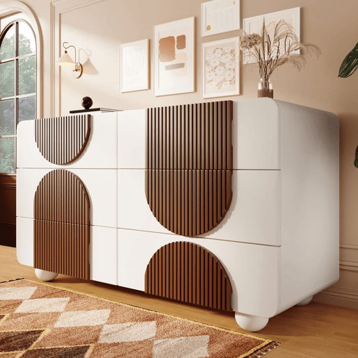 Cômoda 121x71x41 cm - 6 gavetas, design curvo, tiras de madeira chocolate, branco