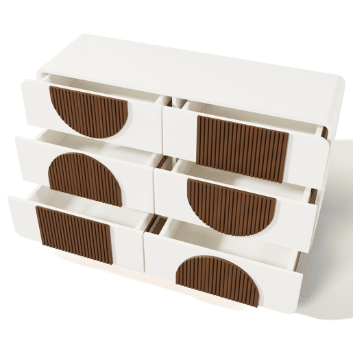 Cômoda 121x71x41 cm - 6 gavetas, design curvo, tiras de madeira chocolate, branco