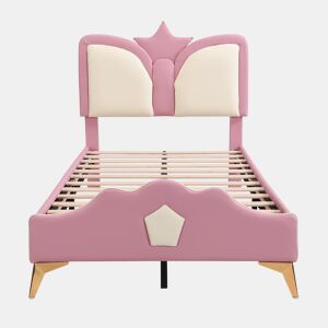 Cama infantil estofada 90x200 - Cabeceira em forma de coroa e borda anticolisão - Rosa+Branco