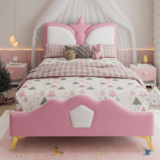 Cama infantil estofada 90x200 - Cabeceira em forma de coroa e borda anticolisão - Rosa+Branco