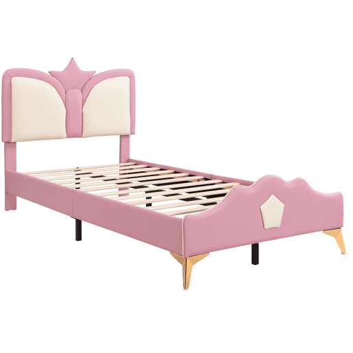 Cama infantil estofada 90x200 - Cabeceira em forma de coroa e borda anticolisão - Rosa+Branco