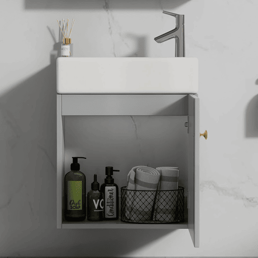 Móvel de casa de banho com lavatório 46 cm - Coluna suspensa, pequena, cinzenta e branca Móvel de casa de banho com lavatório 46 cm - Coluna suspensa, pequena, cinzenta e branca