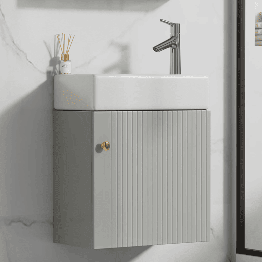 Móvel de casa de banho com lavatório 46 cm - Coluna suspensa, pequena, cinzenta e branca Móvel de casa de banho com lavatório 46 cm - Coluna suspensa, pequena, cinzenta e branca