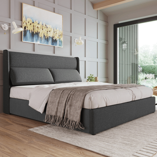 Cama estofada 140x200 cm - Cabeceira ajustável, estrutura hidráulica com arrumação - Cinza