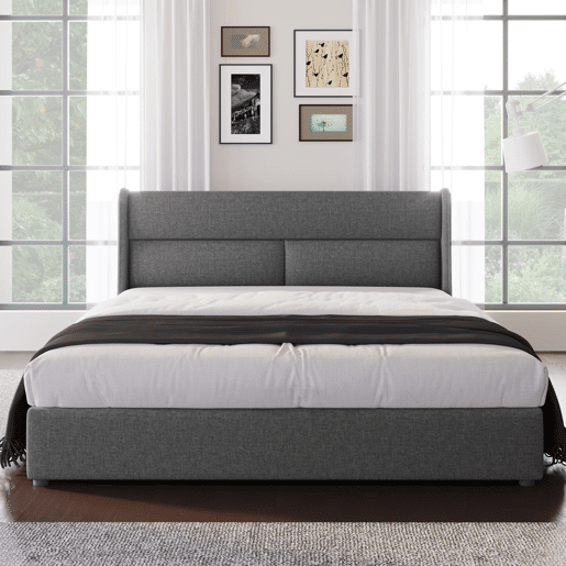 Cama estofada 140x200 cm - Cabeceira ajustável, estrutura hidráulica com arrumação - Cinza