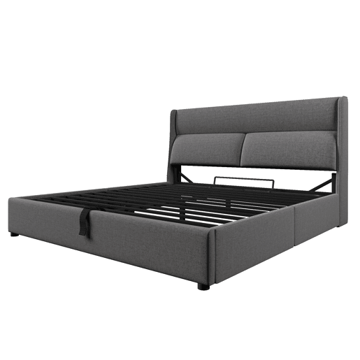 Cama estofada 140x200 cm - Cabeceira ajustável, estrutura hidráulica com arrumação - Cinza