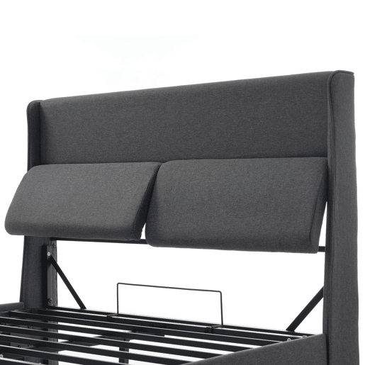 Cama estofada 140x200 cm - Cabeceira ajustável, estrutura hidráulica com arrumação - Cinza