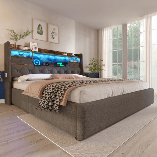 Cama hidráulica 140x200 cm - Com arrumação, cabeceira LED, 4 portas USBType-C - Cinza